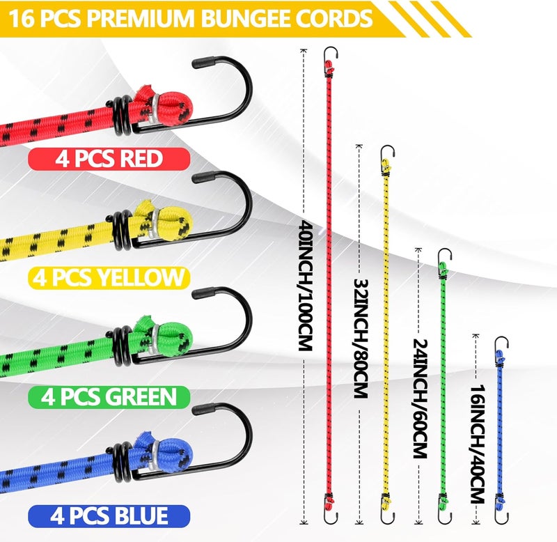 Veppak -Bungee Cords with Hooks, 16 Pack Elastic Bungee Straps Includes 40",32", 24", 16",Heavy Duty Outdoor Bungie Straps to Packing for Camping, Tent, Storing Packages, Fastening Items - Image 2